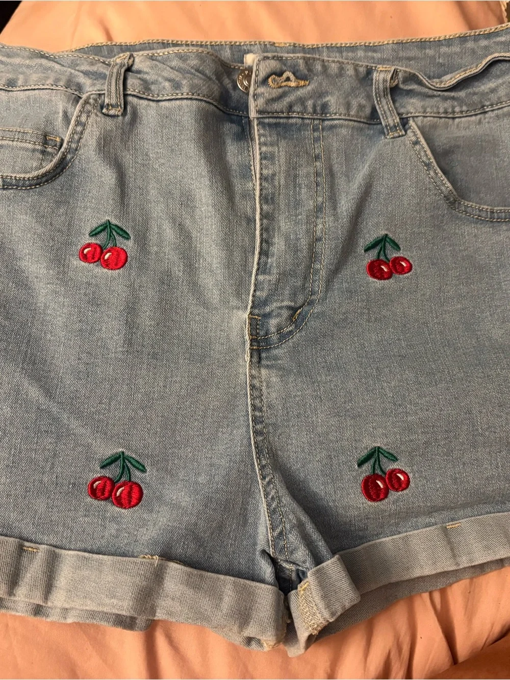 Light Blue Embroidered Cherry Denim Shorts